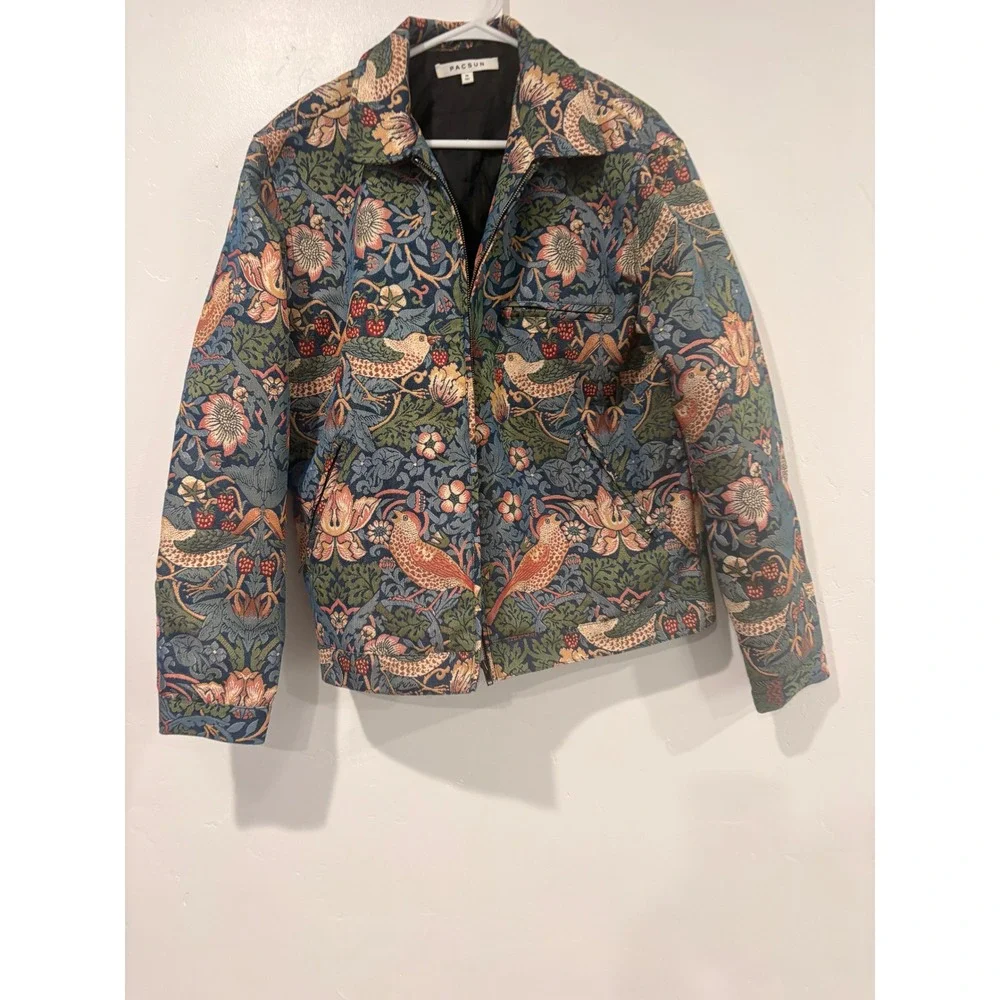 PacSun Tapestry Jacket Mens Medium Floral Bird Print Full Zip Woven